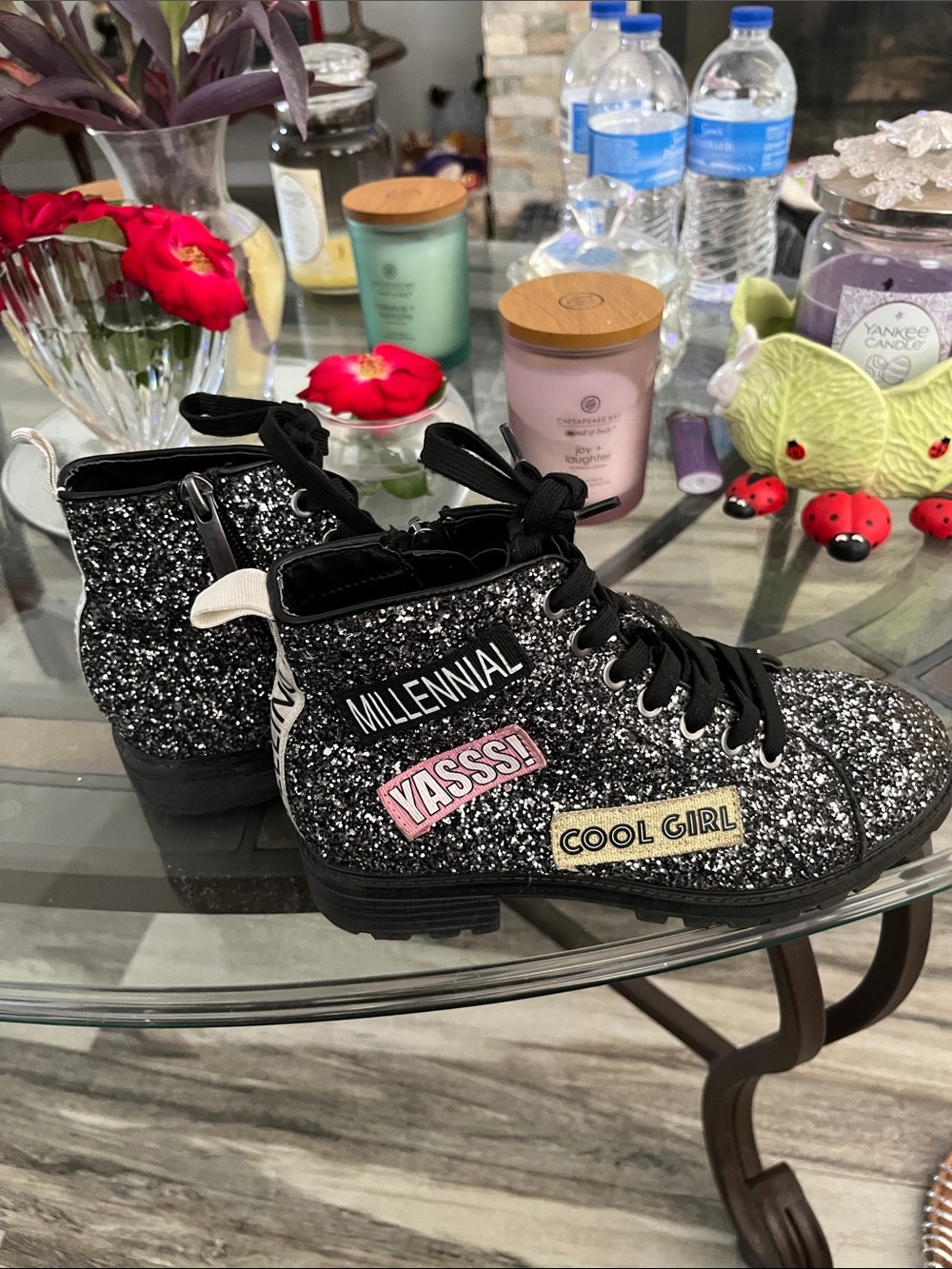 kidpik Black Glitter Kids Lace-Up High-Top Boots & bonus Roxy flip flops